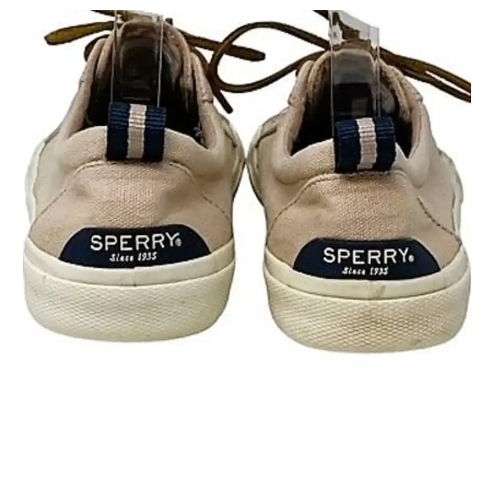 SPERRY Crest Vibe Oat Beige Linen Sneaker Cowhide Leather Laces ~ Women's Size 8
